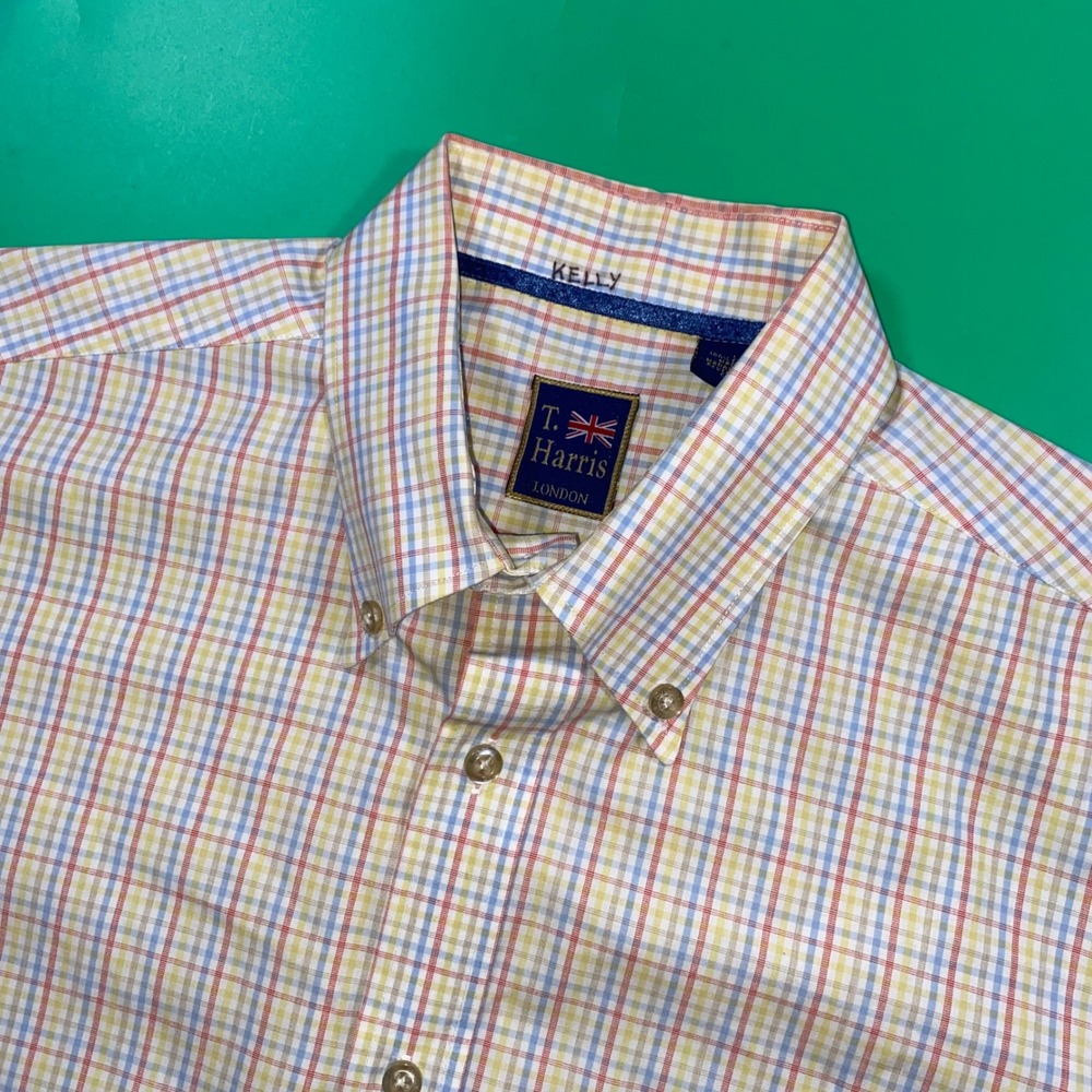 T Harris London Mens Plaid Short Sleeve Button Down Shirt Size Large‎ Flaw